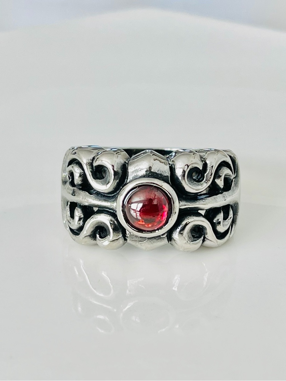 Silver Scroll Band Ring with Red Cabochon